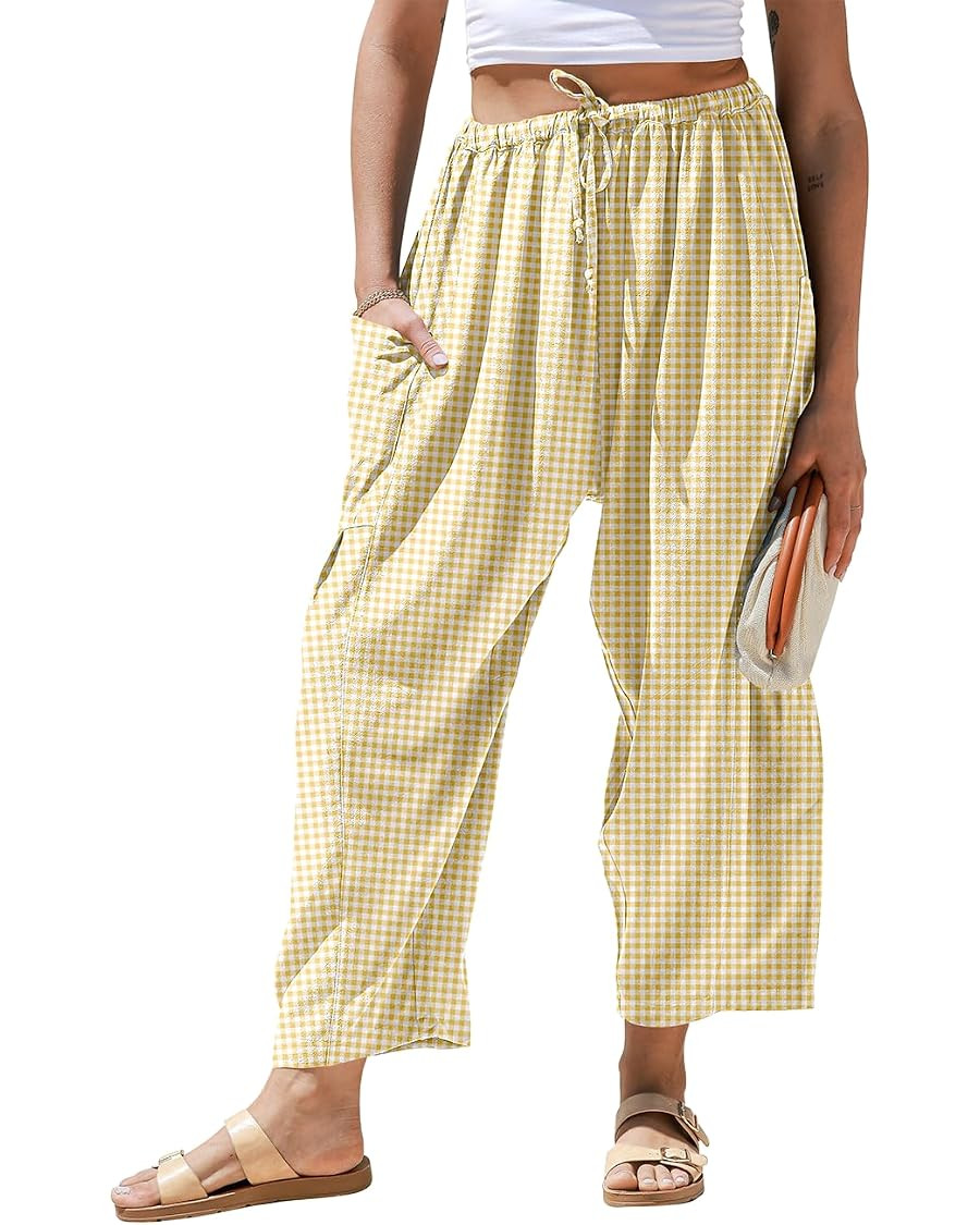 TARSE Womens Linen Wide Leg Striped Pants Casual Barrel Loose Drawstring Low Waist Palazzo Harem ... | Amazon (US)