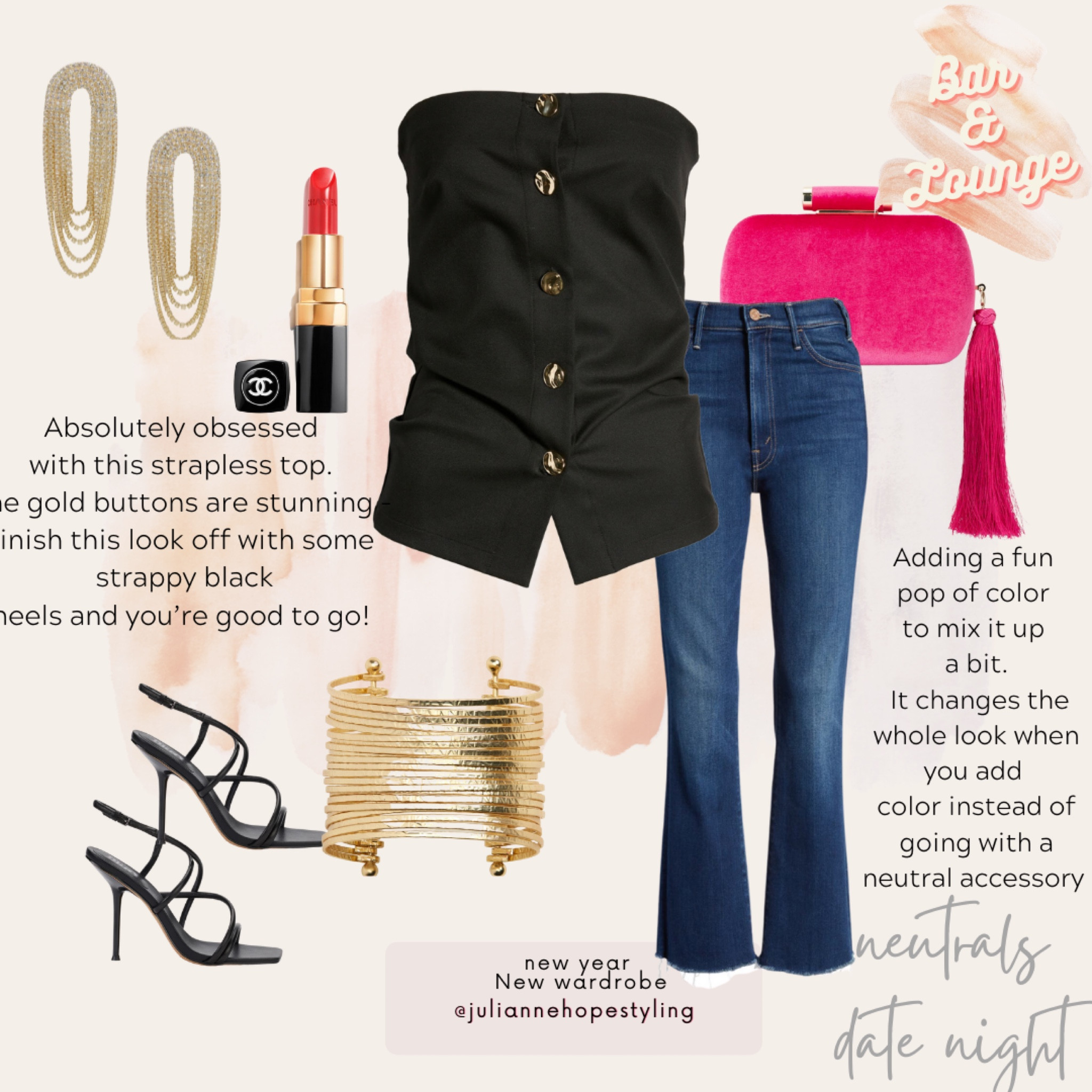 Date night, black strappy heels, mother jeans, pops of color 