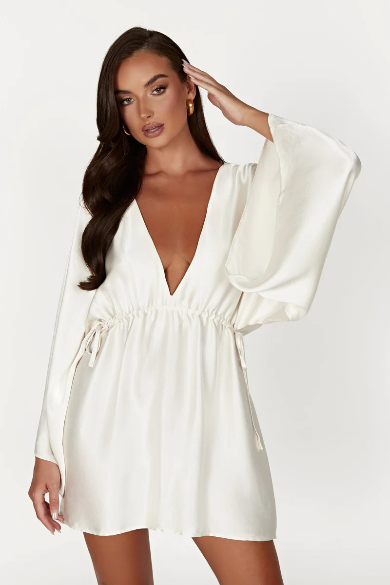 Esmerlda Pleated Kimono Mini Dress - Ivory | MESHKI US