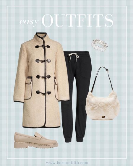 Easy fall outfit idea for running errands, working from home, etc

Feminine loafers
Fall coat
Joggers
Shearling purse 

#LTKstyletip #LTKSeasonal #LTKworkwear