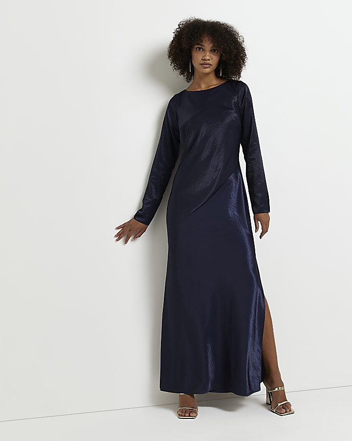 Navy satin long sleeve maxi dress | River Island (UK & IE)
