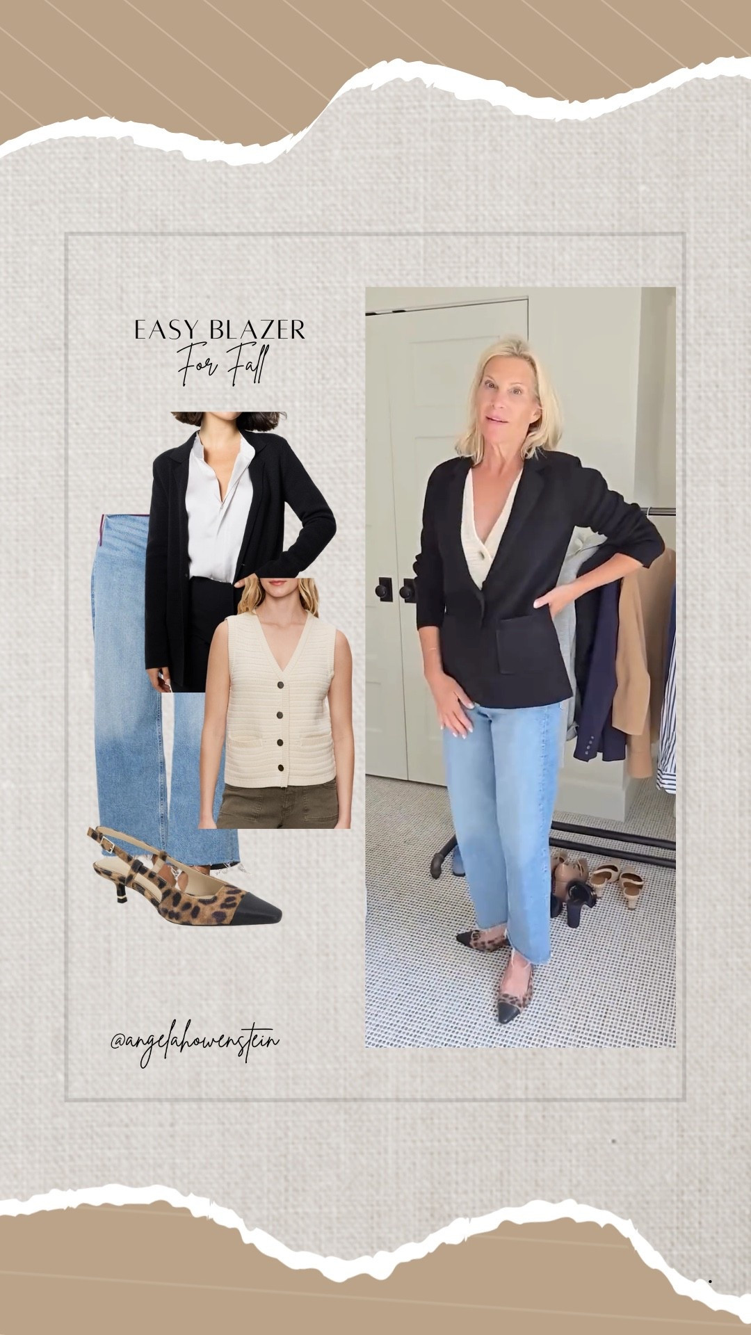 An easy blazer moment.   Pair it with denim, a knit vest, and chic slingbacks for the perfect fall uniform.

fall style, easy blazer, casual chic, effortless outfit, capsule wardrobe, classic style, fall layering



#LTKStyleTip #LTKShoeCrush #LTKOver40