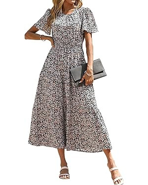 PRETTYGARDEN Women's Summer Casual Short Flutter Sleeve Round Neck Smocked Waist Tiered Boho Flor... | Amazon (US)