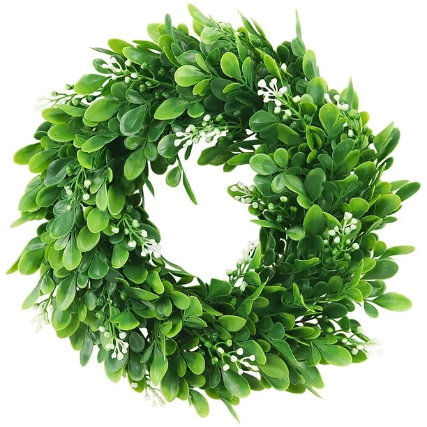 Visland 11" Faux Boxwood Wreath Artificial Green Leaves Wreath for Front Door Wall Hanging Window... | Walmart (US)