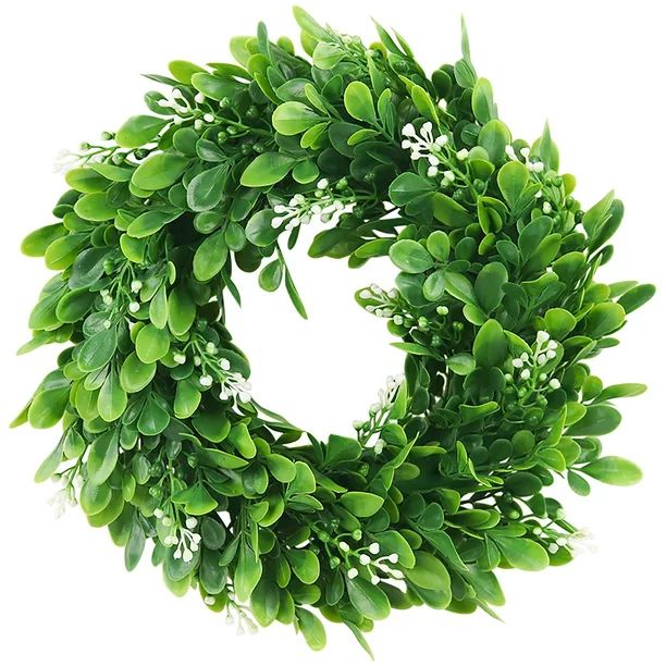 Visland 11" Faux Boxwood Wreath Artificial Green Leaves Wreath for Front Door Wall Hanging Window... | Walmart (US)