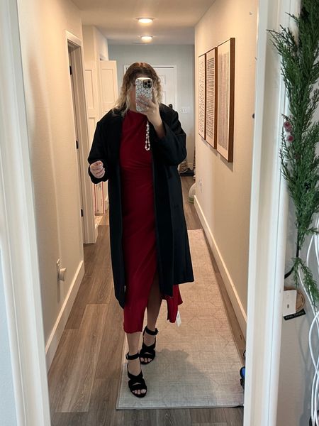 Holiday outfit, holiday dress, red dress, black wool coat, holiday party dress, midsize outfit, Abercrombie outfit

#LTKmidsize #LTKHoliday #LTKparties