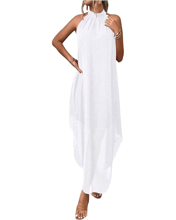 Verdusa Women's Fall Formal Wedding Guest Dress Halter Flowy Sleeveless Asymmetrical Maxi Boho Dr... | Amazon (US)
