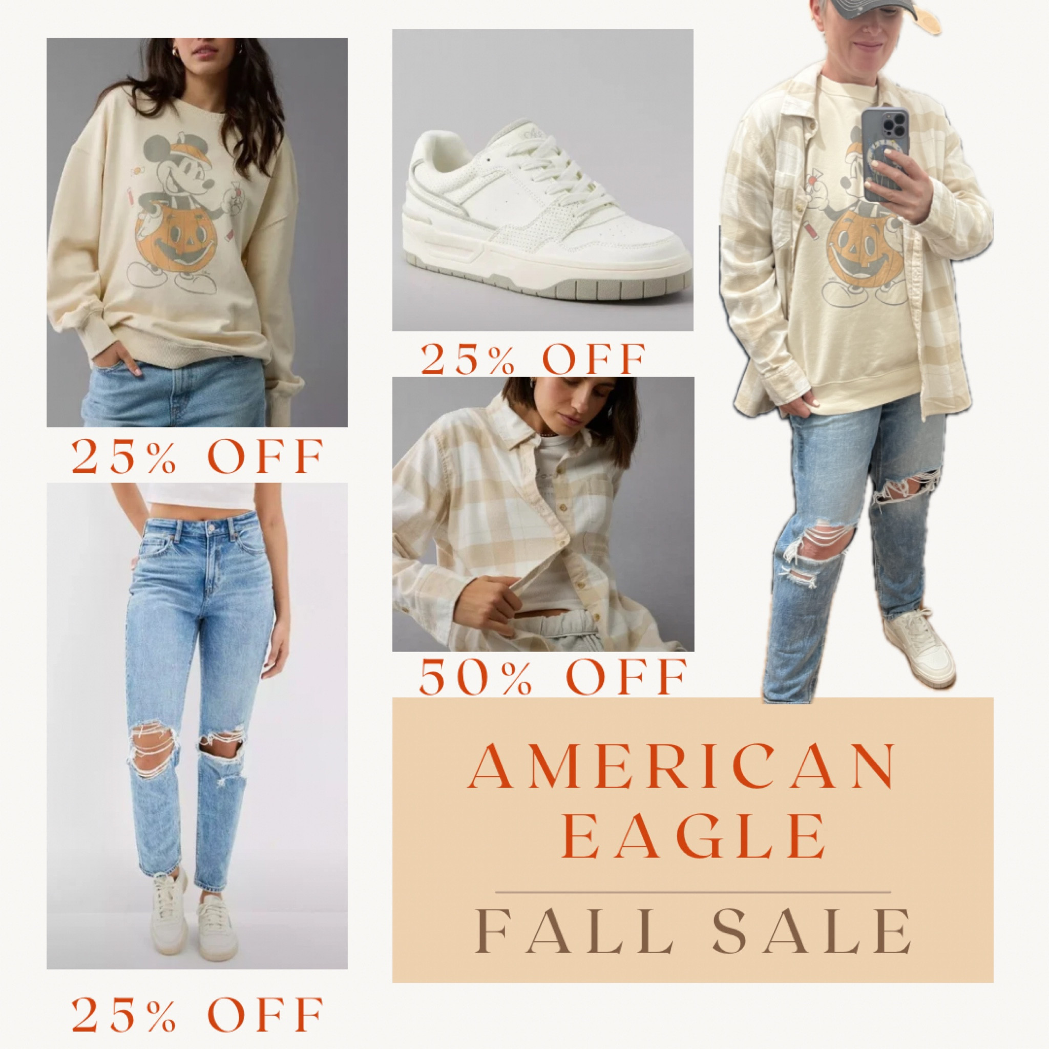 American Eagle has everything you  need for fall on sale right now! Huge savings! I’m still so obsessed with this Mickey Mouse Sweatshirt! #casual #comfy #over50 #mickeymouse 

#LTKSeasonal #LTKFallSale #LTKSaleAlert