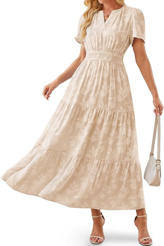 Women's Summer Maxi Boho Floral Dresses Wedding Guest Casual V Neck Short Sleeve Flowy Vacation L... | Amazon (US)