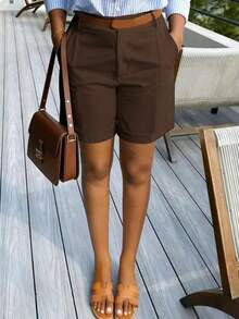 Summer Back-To-School Solid Color Slant Pocket Casual Shorts Brown | SHEIN