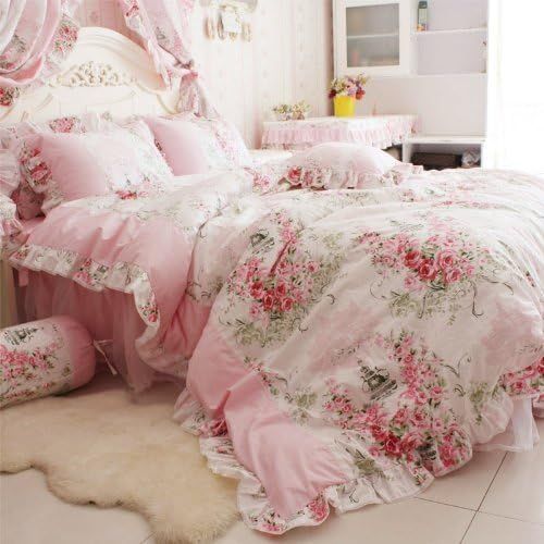 FADFAY 4 Piece Home Textile Floral Print Duvet Cover Bedding Set for Girls, Full Size, Pink Rose | Amazon (US)