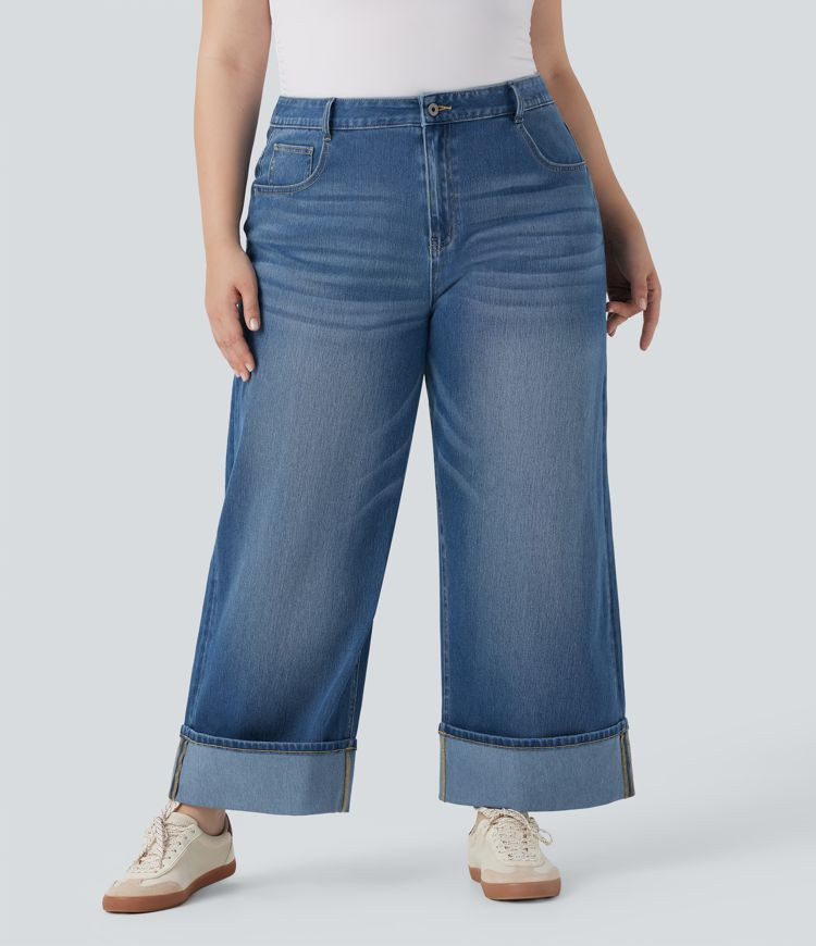 Women’s Plus Size Halara Flex™ High Waisted Wide Leg Rolled Hem Washed Stretchy Knit Casual J... | HALARA