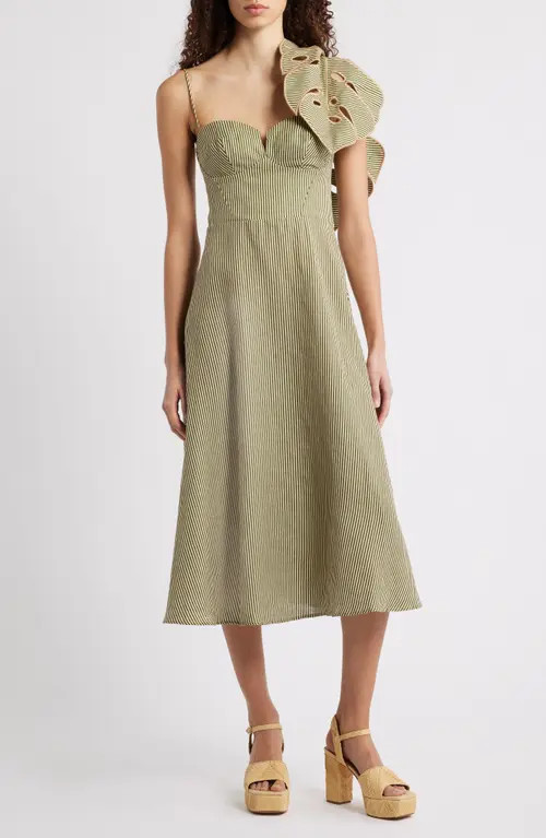 FARM Rio Stripe Monstera Leaf Sleeveless Linen Midi Dress in Green at Nordstrom, Size Medium | Nordstrom