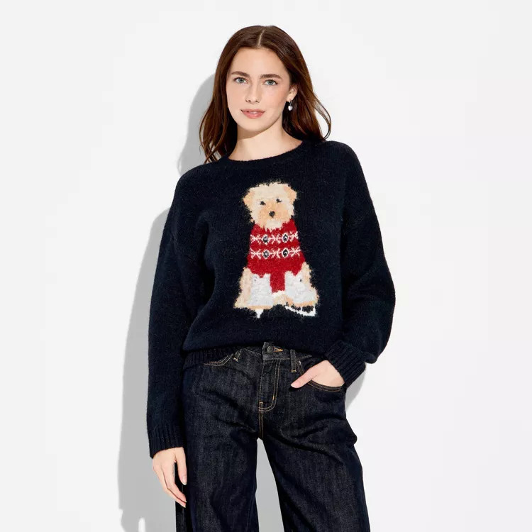 Women's Crewneck Pullover Heritage Novelty Sweater - Wild Fable™ Navy Blue Dogs XXS | Target