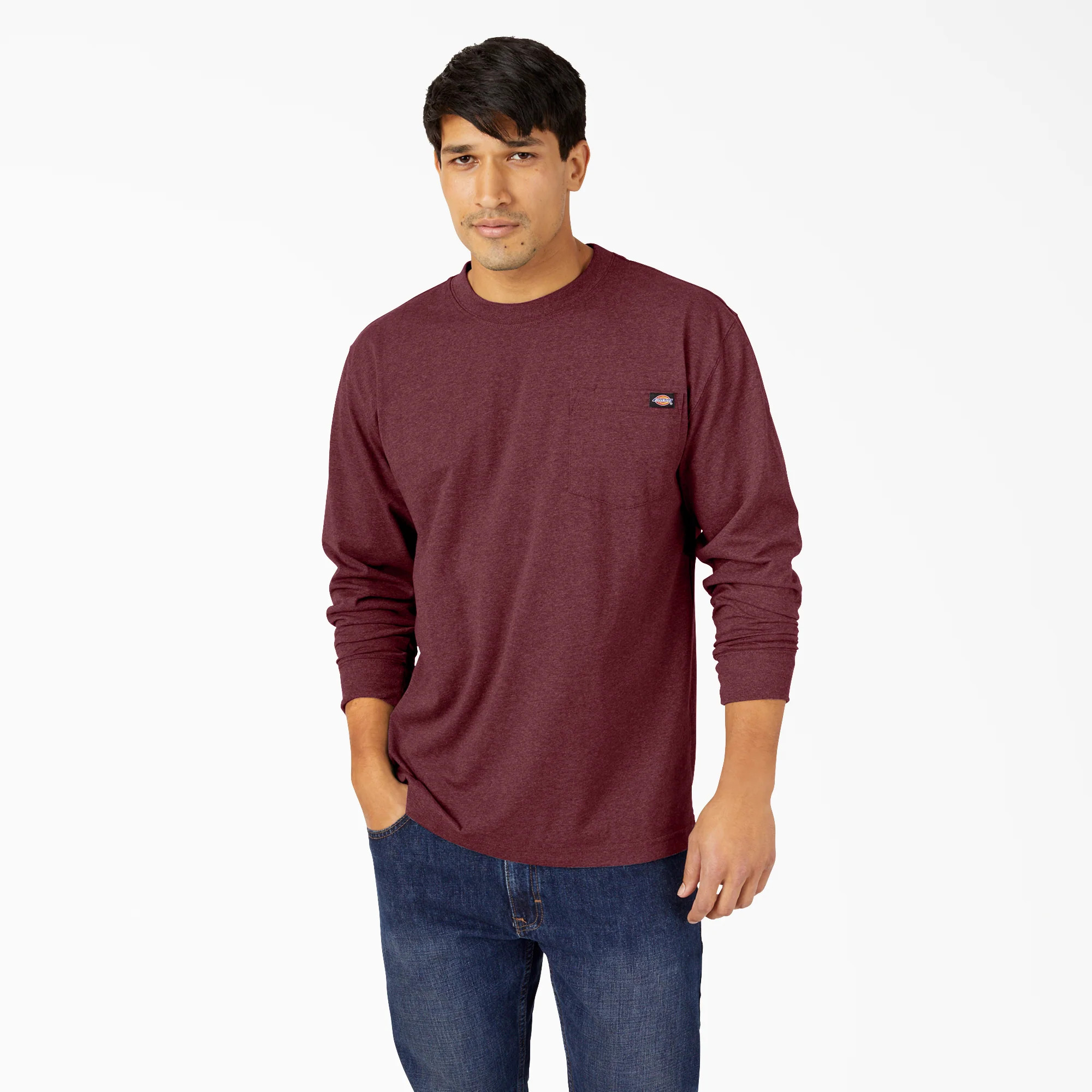 Dickies Men's Heavyweight Heathered Long Sleeve Pocket T-Shirt in Burgundy Heather size XL | Dickies