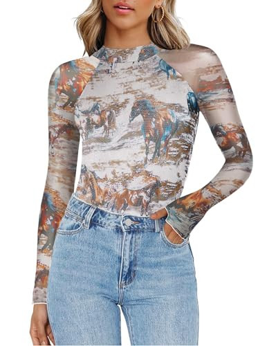 Zeagoo Ladies Tops and Blouses Womens Long Sleeve Mesh Tops Plus Size Western Shirts Trendy Outfits | Amazon (US)