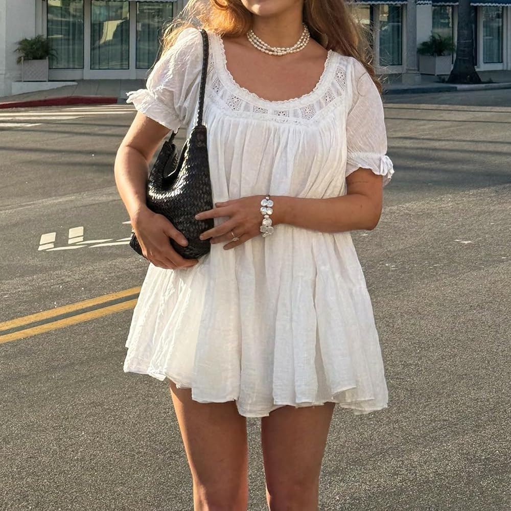 Women Puff Sleeve Babydoll Mini Dress Y2K Lace Trim Ruffle Flowy Dresses Summer Loose Swing Going... | Amazon (US)