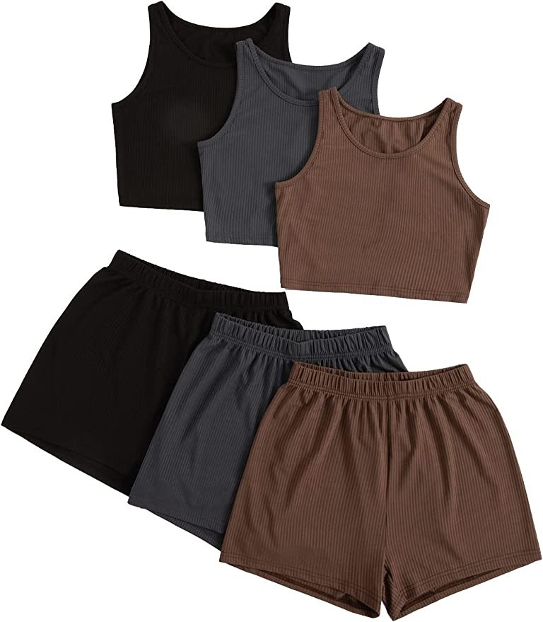 SheIn Women's 6 Pieces Outfits Crop Tank Top and Elastic Waist Shorts Lounge Set | Amazon (US)