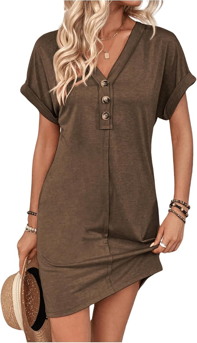 SOLY HUX Women's V Neck Short Sleeve T Shirt Dress Button Front Casual Short Dresses | Amazon (US)