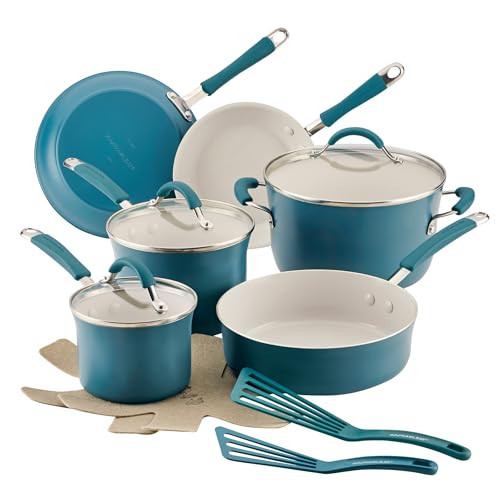Rachael Ray Cucina Ceramic Cookware Set - 13 Pieces - Ceramic Pots and Pans Set w/Nonstick Frying Pans, Saute Pan, Saucepans, Stockpot, Lids, Pan Protectors & Cooking Utensils - Marine Blue | Amazon (US)