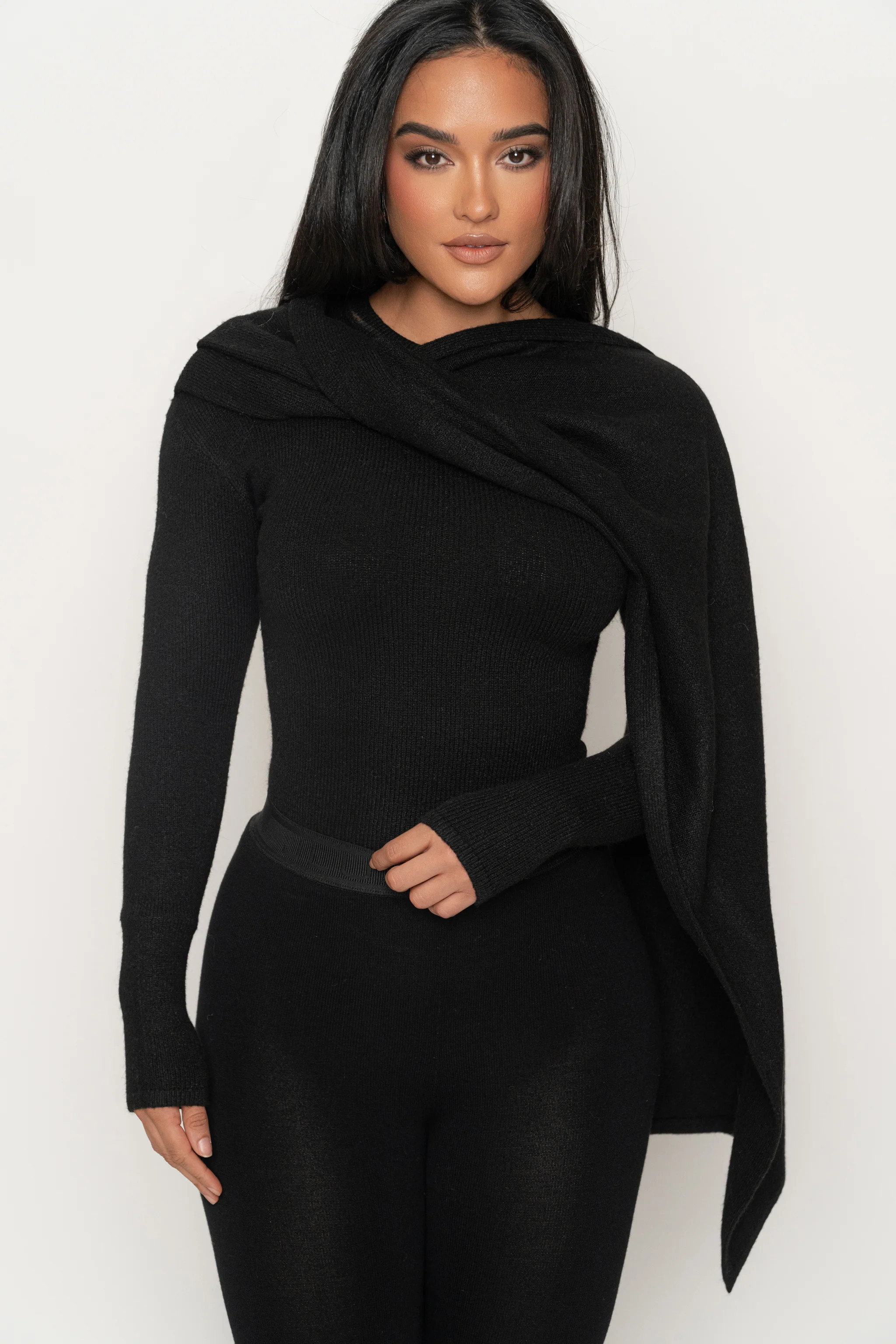 Black Ribbed Scarf Top | JLUXLABEL