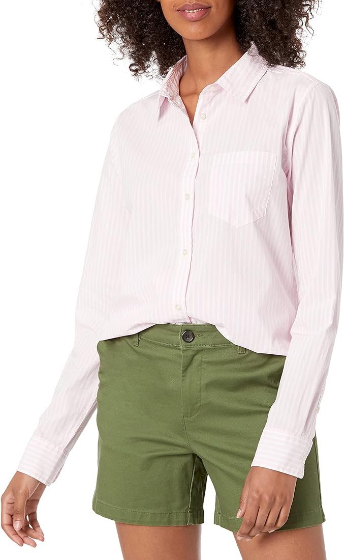 Amazon Essentials Women's Classic-Fit Long Sleeve Button Down Poplin Shirt, Pink Stripe, XS | Amazon (CA)