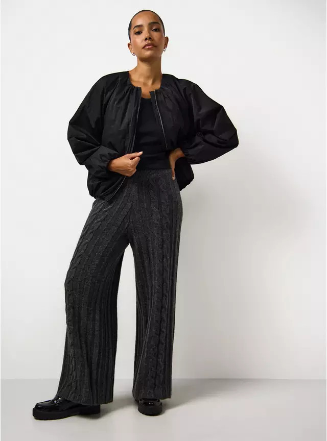 Charcoal Wide Leg Cable Knitted Trousers XL | Tu Clothing