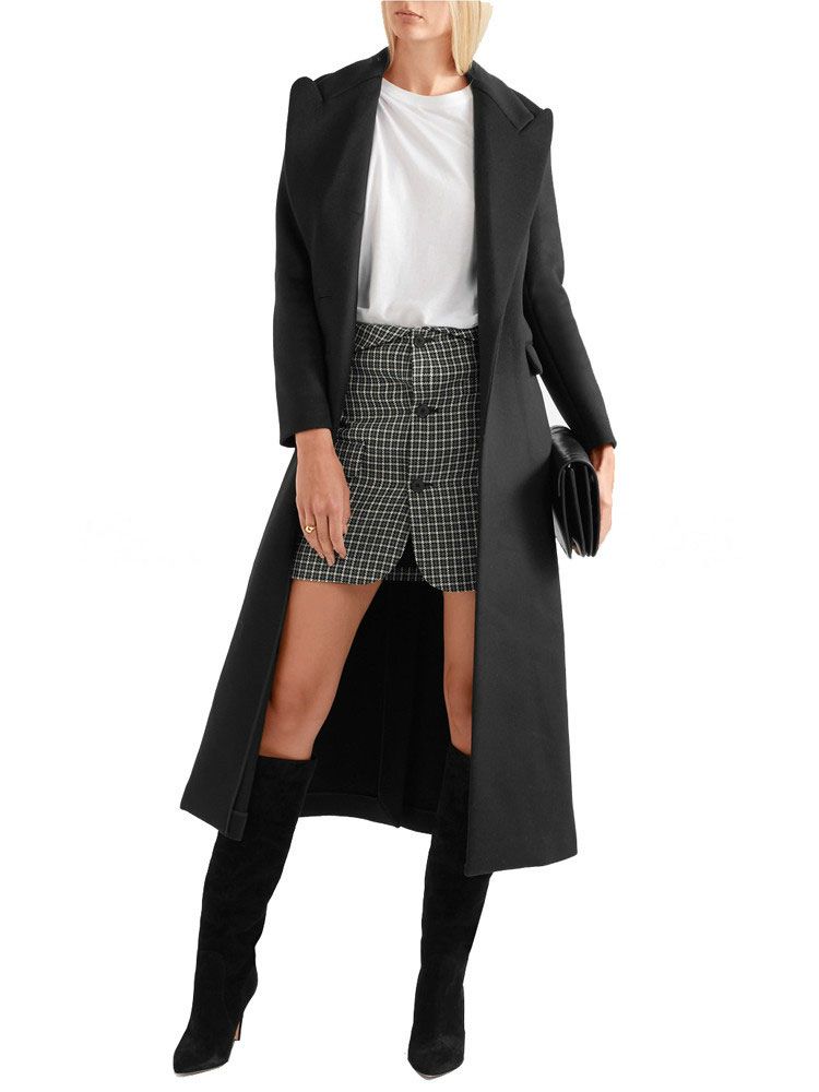 Black Wool Coat Long Sleeve Turndown Collar Split Women Winter Coat | Milanoo