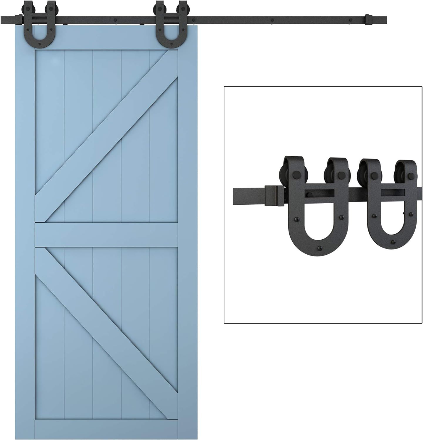 JUBEST 6.6ft 1 Rail Black Steel Sliding Barn Door Hardware Track Kit,Horseshoe Hanger Roller | Amazon (US)