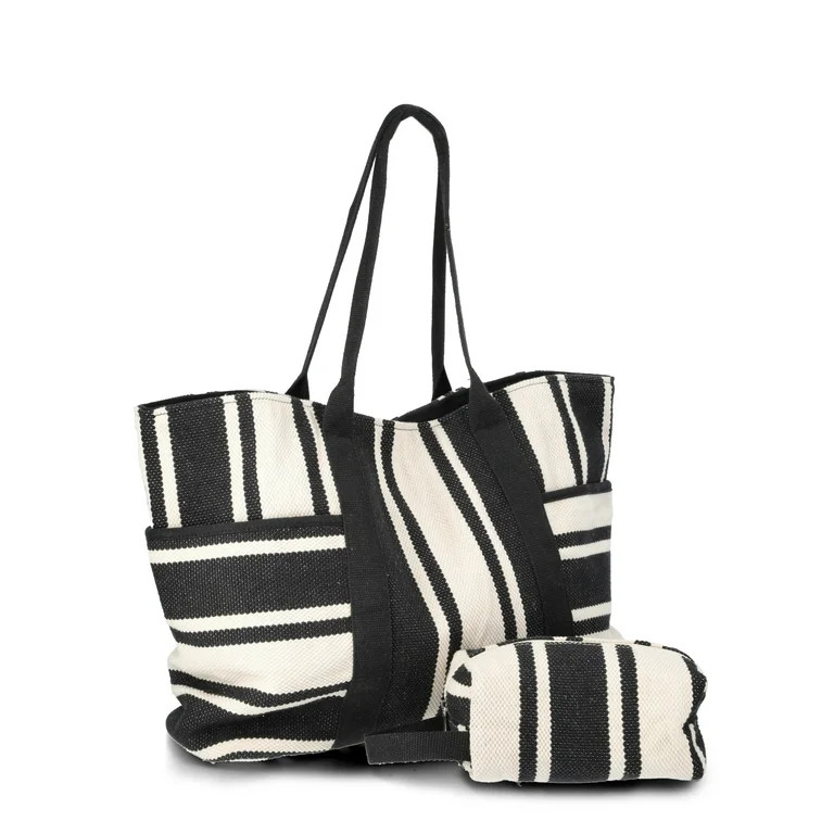 Time and Tru Women's Pocket Tote Handbag and Matching Pouch, Black and White Stripes | Walmart (US)