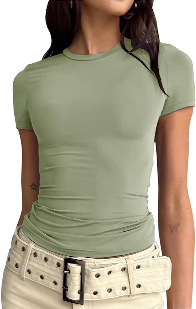 AKLOPVII BAIGRAM Women’s Basic Skinny Crop Top Tee Shirt Short Sleeve Skims Dupes Workout Round... | Amazon (US)
