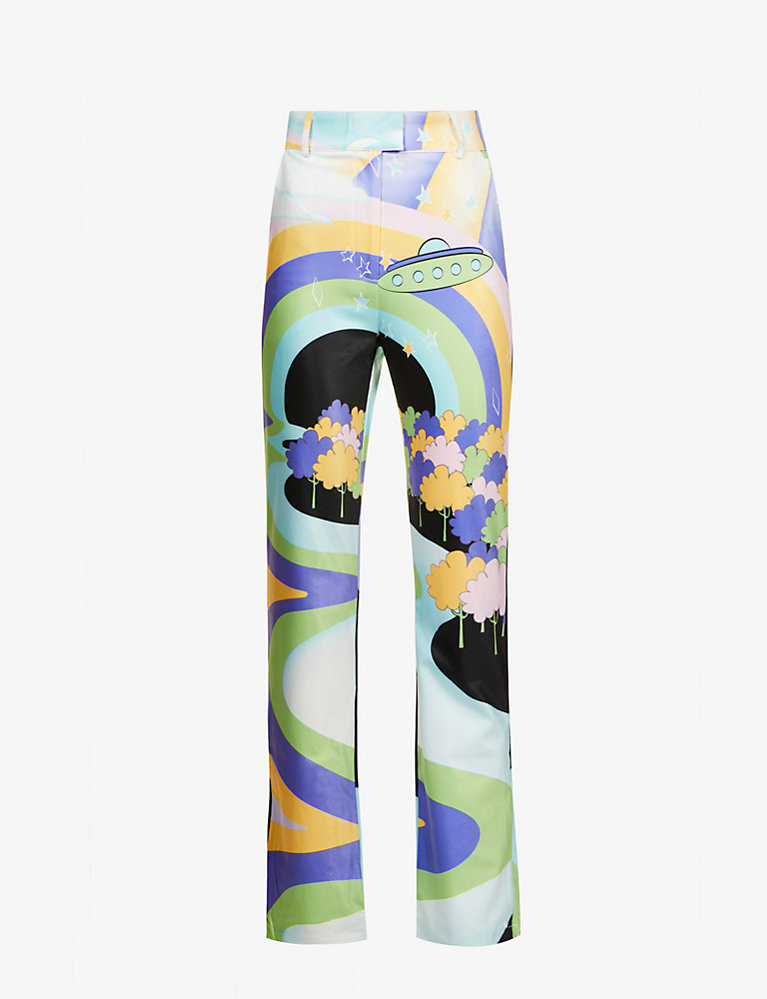 Nice To Meet You graphic-print straight-leg high-rise stretch-woven trousers | Selfridges