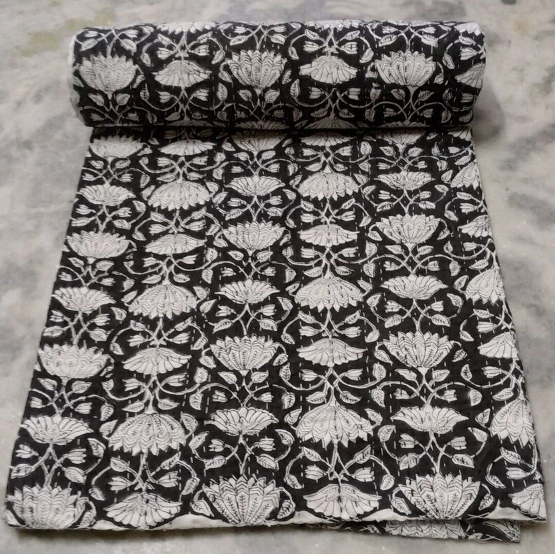 Black Kantha Hand Block Print Cotton Kantha Quilt Indian Kantha Quilt Handmade Quilt Kantha Bedsp... | Etsy (US)