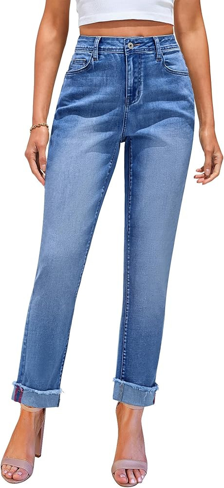 GRAPENT Jeans for Women Trendy High Waisted Slim Straight Leg Mom Jeans Stretchy Denim Pants Trou... | Amazon (US)