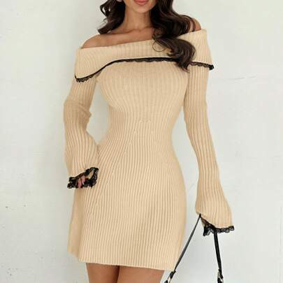 Elegant & Sexy White Contrast Lace Patchwork Off-Shoulder Flare Sleeve Waisted Mini A-Line Sweater Dress, Autumn/Winter | SHEIN