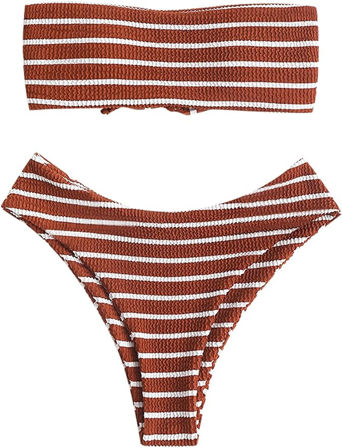 ZAFUL Women Strapless Ribbed High Cut Bandeau Bikini Lace Up 2 Pieces Swimwear | Amazon (US)