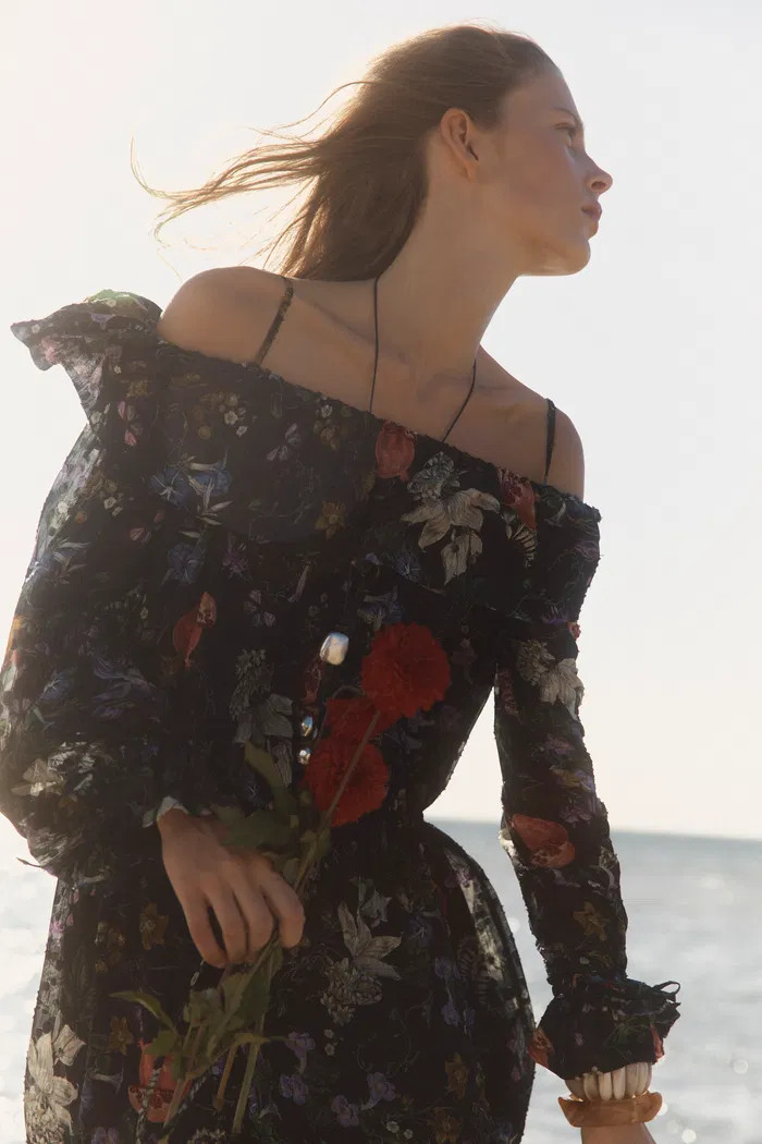 Granata Off Shoulder Hand-painted Print Dress in Silk Georgette | Fabrique