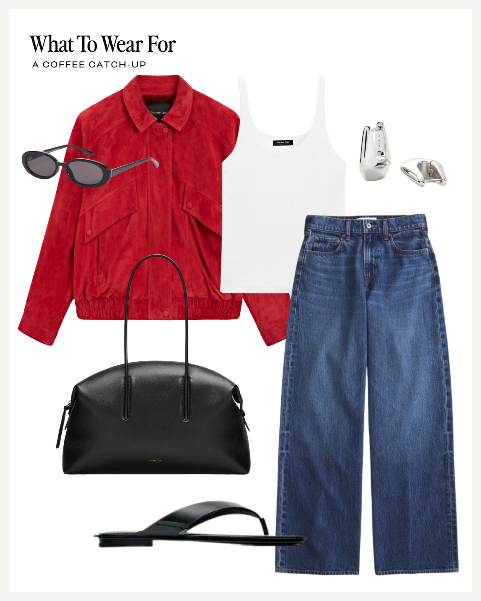 A coffee catch-up ☕️ 

Abercrombie wide leg jeans, black flip flops, demellier tote, red suede jacket, spring summer 

#LTKspring