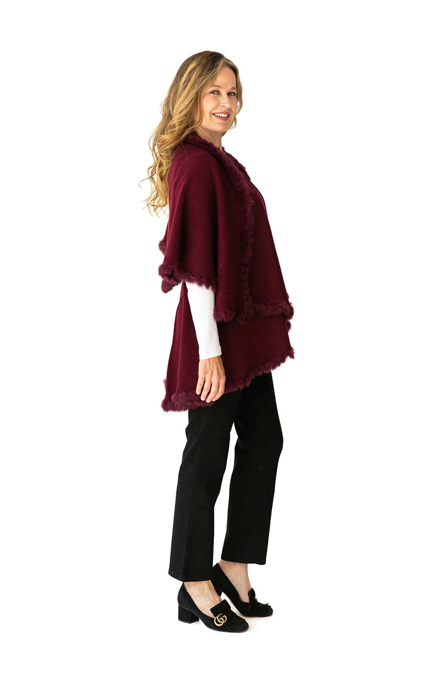 Shawl Sweater Vest in Burgundy with Fur Trim | Heidi Kagan Designs