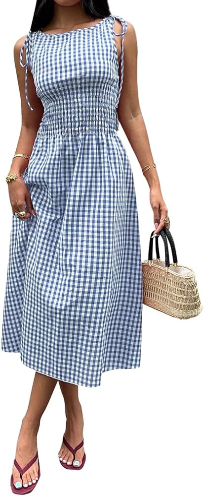 Acelitt Summer Maxi Dresses for Women 2026 Smocked Waist Gingham Dress Flowy A Line Beach Long Su... | Amazon (US)