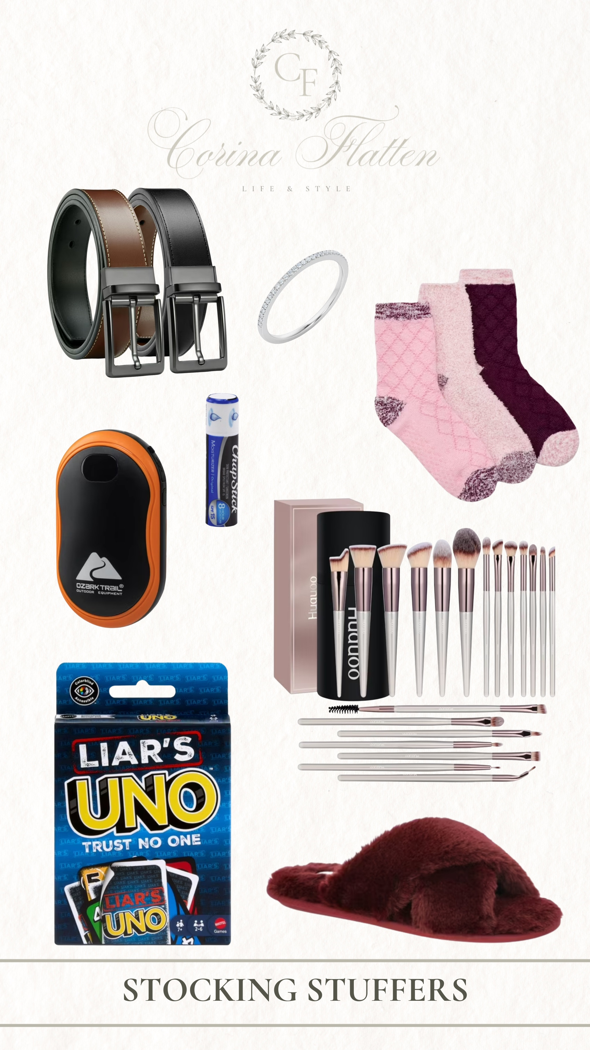 Stocking stuffers for him and her!

Fuzzy socks, makeup brushes, uno, charger, belt, chapstick, jewelry, ring, bracelet, Christmas, gifting; affordable, Walmart 

#LTKGiftGuide #LTKFindsUnder50 #LTKSaleAlert