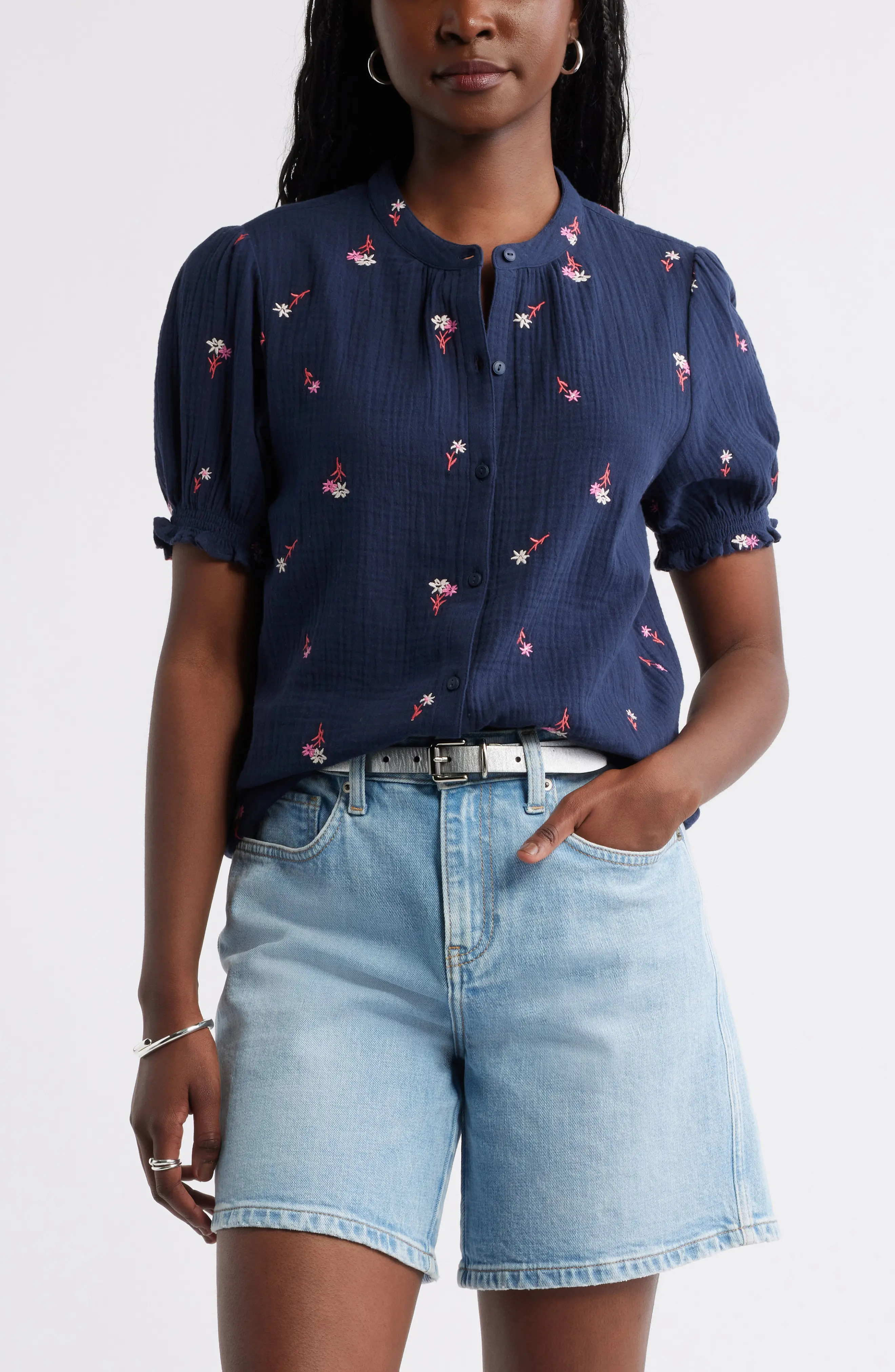 Short Sleeve Embroidered Flower Cotton Popover Top (Women) | Nordstrom | Nordstrom