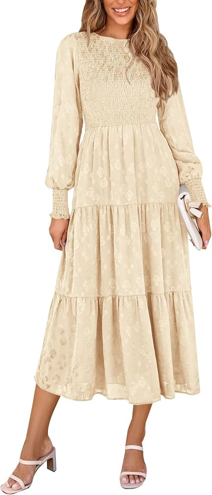 PRETTYGARDEN Women's Fall Midi Dress Long Sleeve Floral Smocked Elegant Wedding Guest Long Flowy ... | Amazon (US)