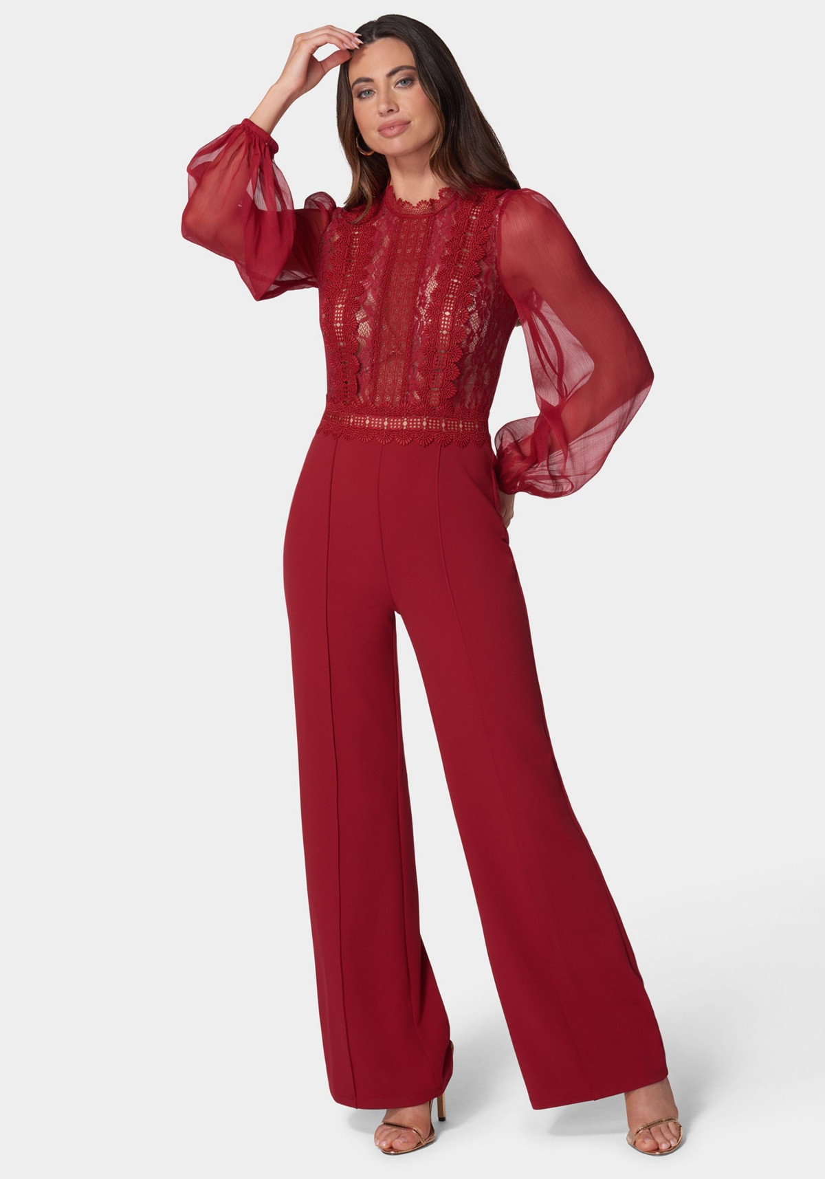 Bebe Women's Lace Top Straight Leg Jumpsuit - Red | Macy's