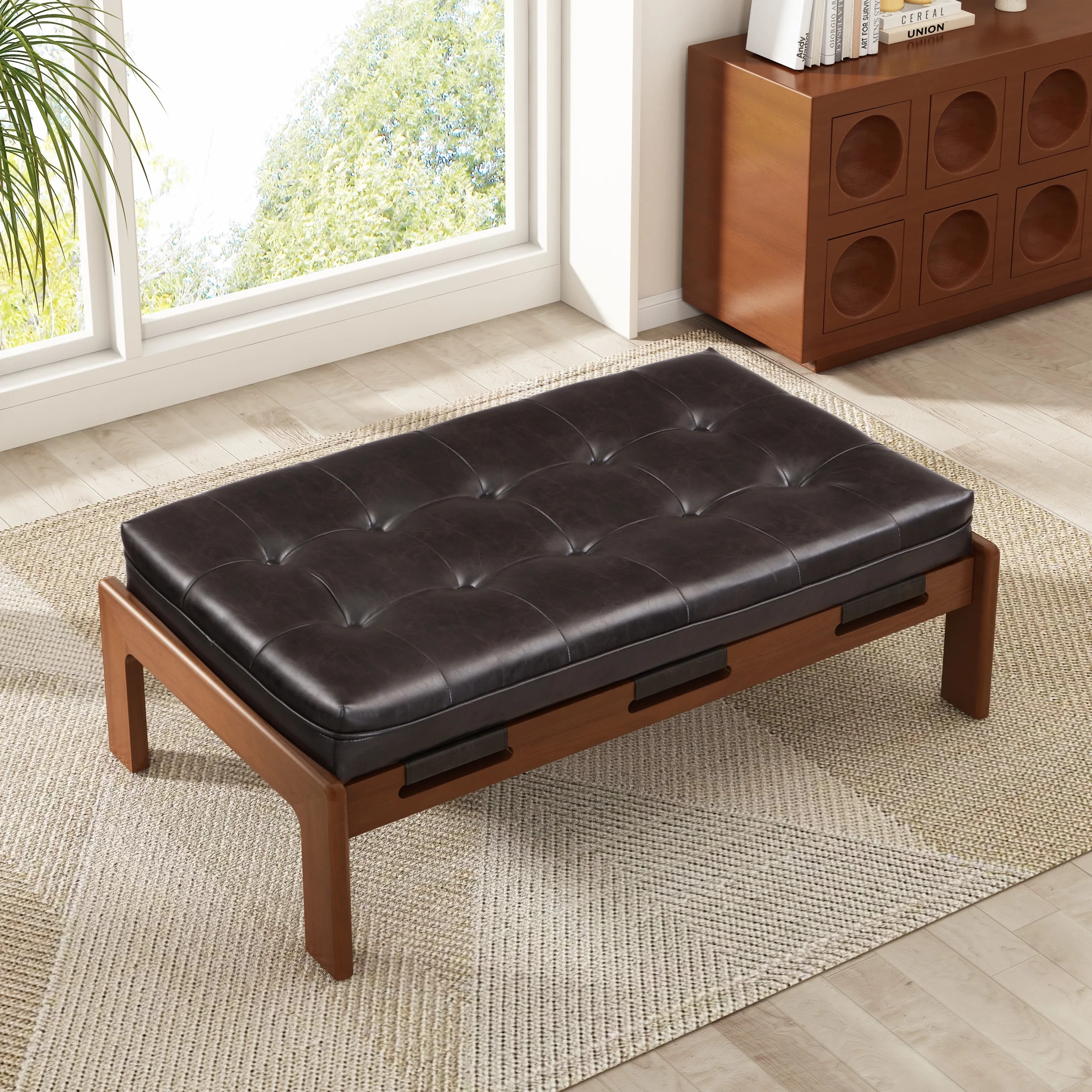 Christopher Knight Home Modern 48.4" Ottoman Bench, PU Leather Button-Tufted Cocktail Ottoman, Da... | Walmart (US)