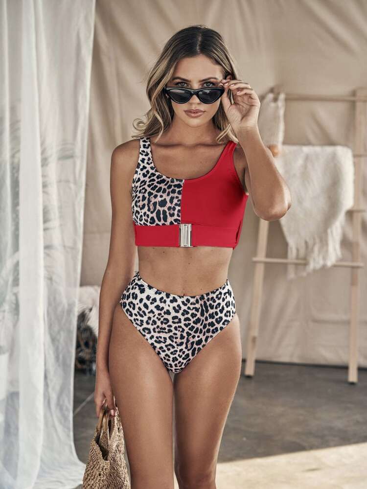 Leopard Belted High Waist Bikini Swimsuit | SHEIN