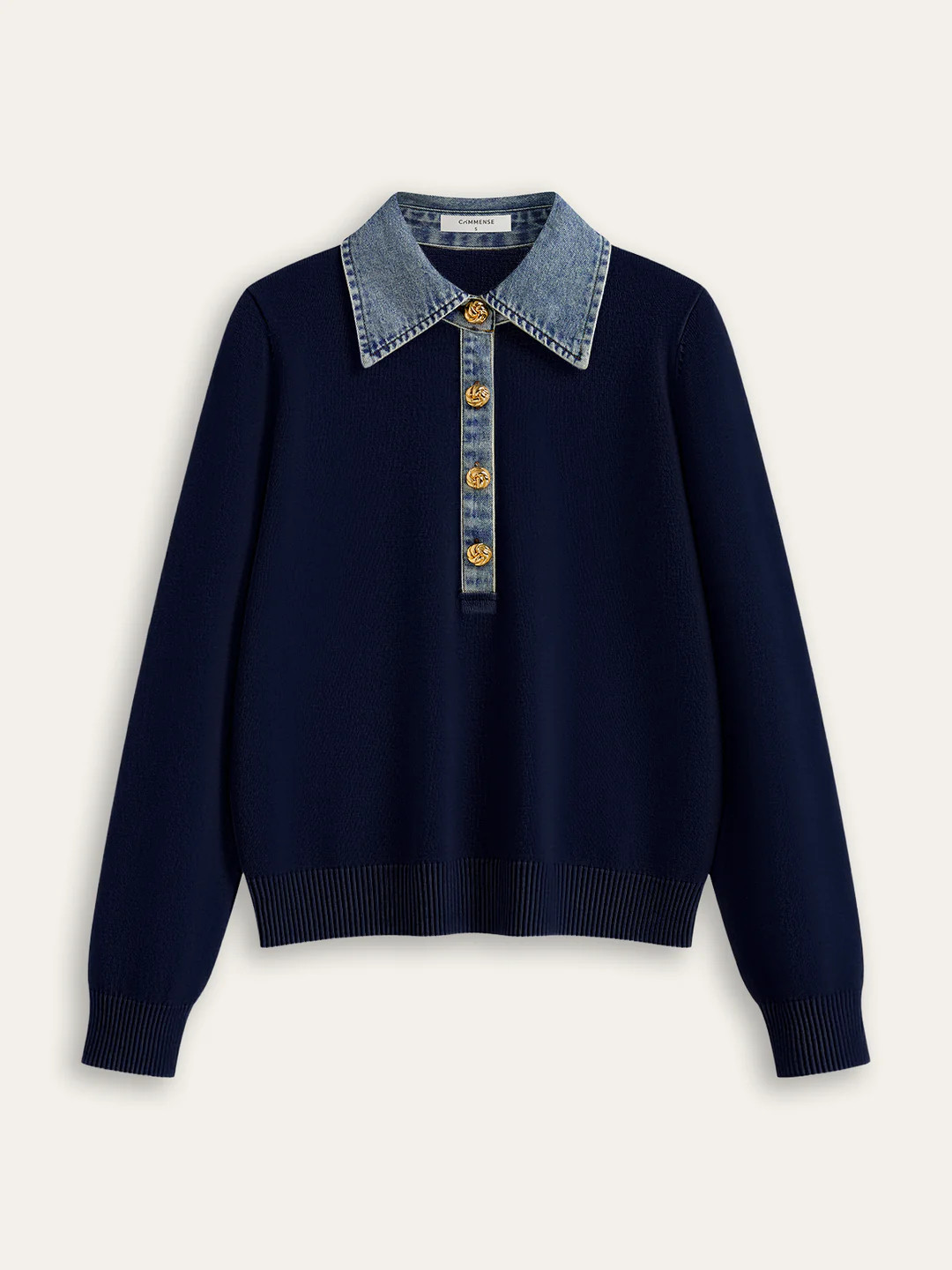 Denim Collar Wool Blend Knit Top | Commense