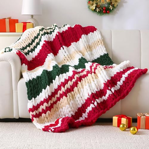 Mooreeke Christmas Holiday Chunky Knit Blanket 50"x60", Soft Chenille Throw Blanket 100% Handmade Crochet Gift Blankets with Chenille Yarn for Couch Bed Sofa Room Decor, Striped Red and Green | Amazon (US)
