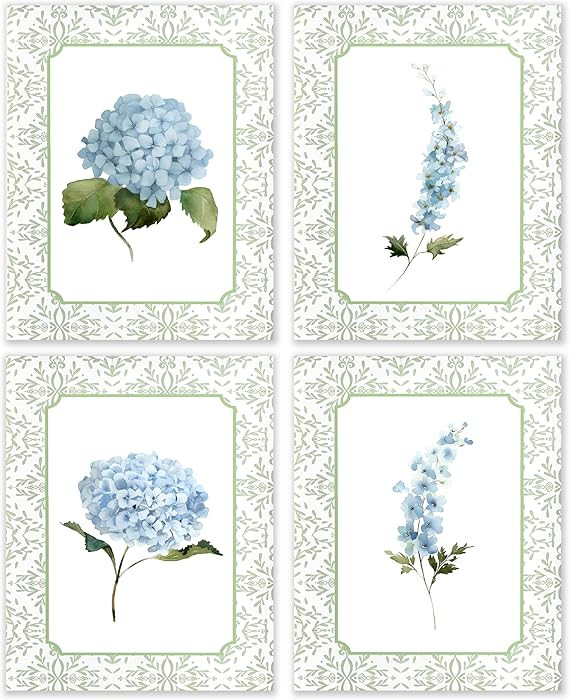 BESERH Blue Hydrangea Wall Decor, Hydrangea Floral Wall Art Prints, Grandmillennial Elegant Sage ... | Amazon (US)