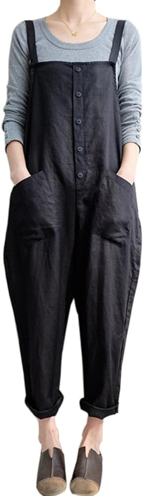 Gihuo Women's Baggy Loose Cotton Linen Bib Overalls Jumpsuits | Amazon (US)